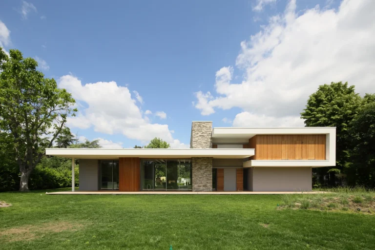 Villa moderna unifamiliare con ampie vetrate e giardino privato